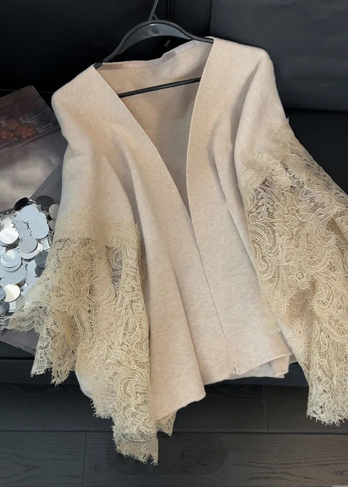 Light Camel V Neck Lace Patchwork Knit Cardigans Spring