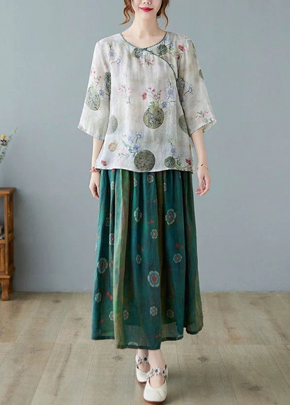 Brown-pumpkin Print Ramie Elastic Waist Skirt