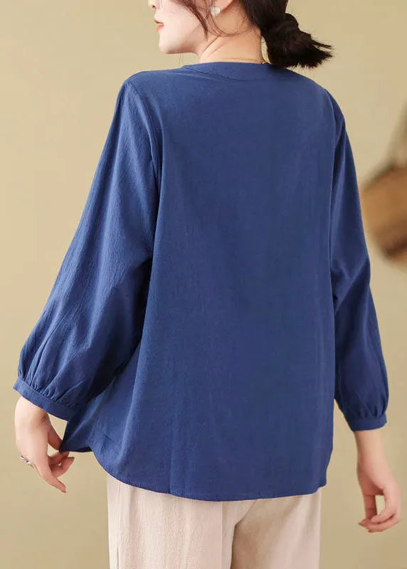 Loose Blue Embroidered Linen Blouses Long Sleeve
