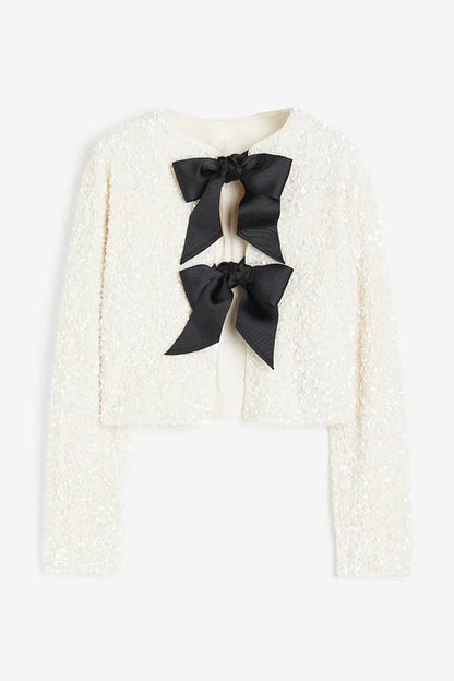 Two Ways to Celebrate Tie-front Bow Sequined Jacket