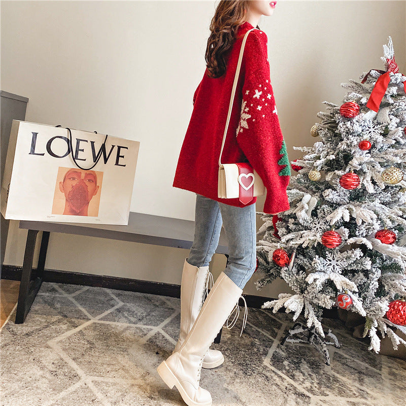 Women's Cozy Christmas Sweater with Decorative Tree and Snowflake Motifs