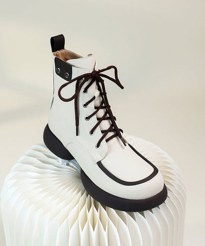 Black Cowhide Leather Splicing Boutique Lace Up Boots