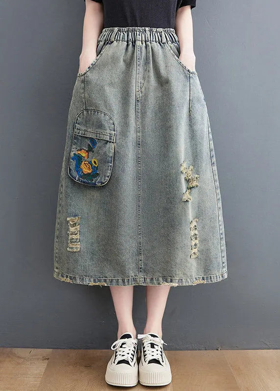 Denim Blue Hole Elastic Waist a Line Skirts Summer