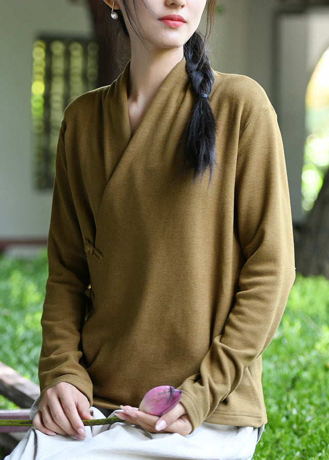 Beige V Neck Oriental Button Cotton Shirt Tops Spring