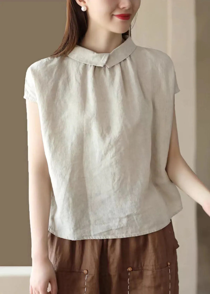 Beige Patchwork Linen Tops Peter Pan Collar Wrinkled Button Summer