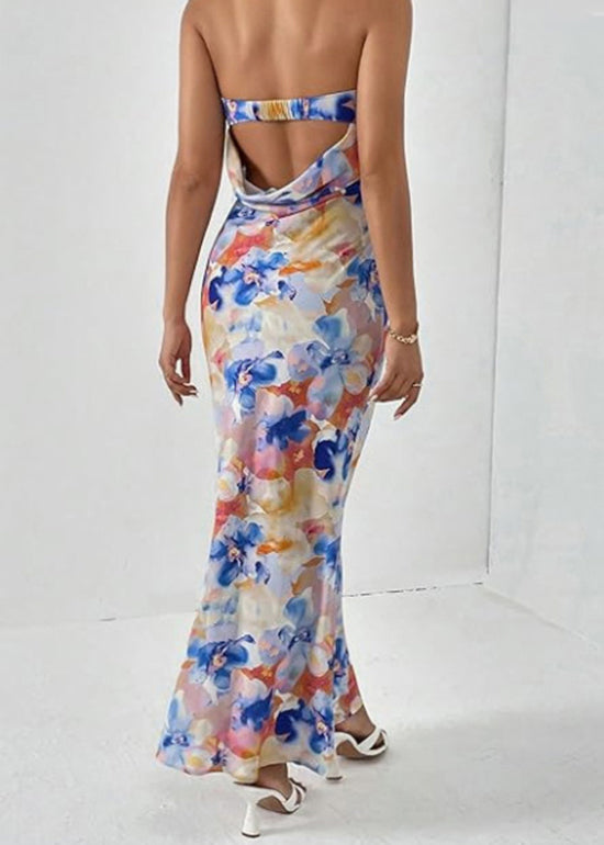 Stylish Blue Print Cotton Strapless Dresses Sleeveless