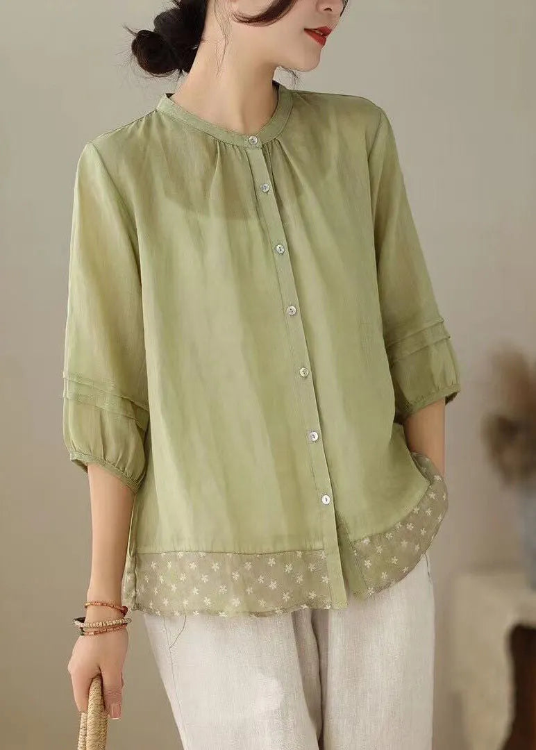 Green Stand Collar Print Patchwork Linen Shirt Tops Summer
