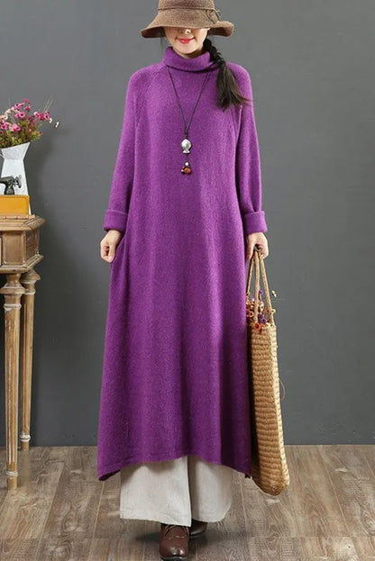 -winter Wool High Collar Long Sleeve Dress