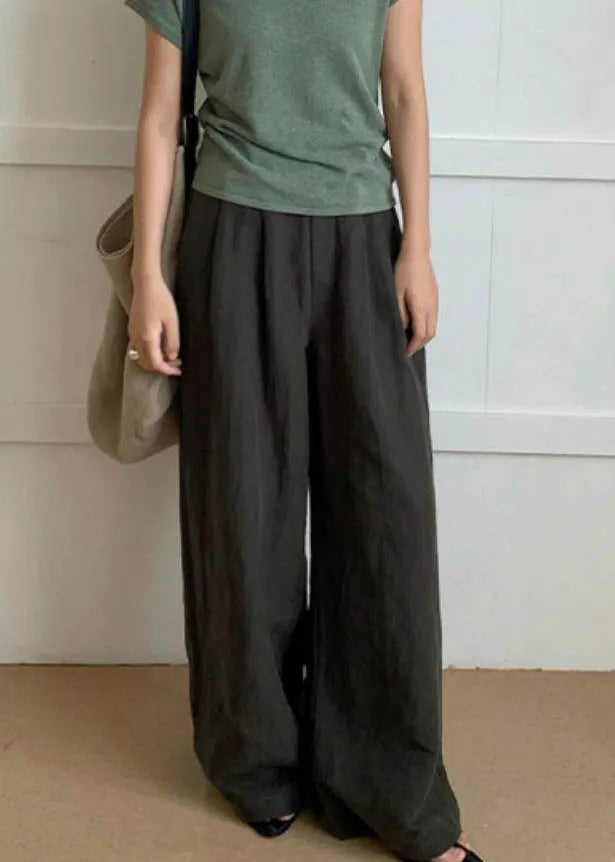 Tea Green Elastic Waist Cotton Straight Pants Spring