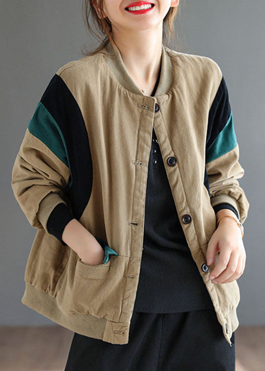 Khaki Pockets Button Patchwork Loose Winter Thick Jacket