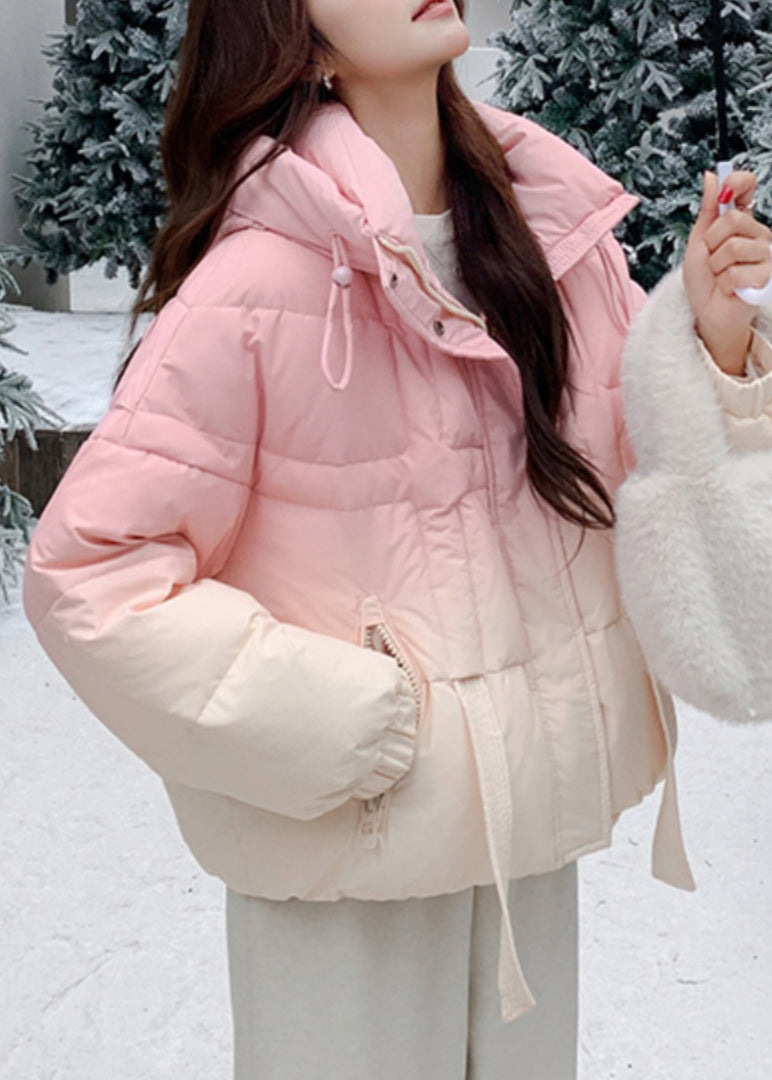 Pink Gradient Color Hooded Zippered Duck Down Coats Winter