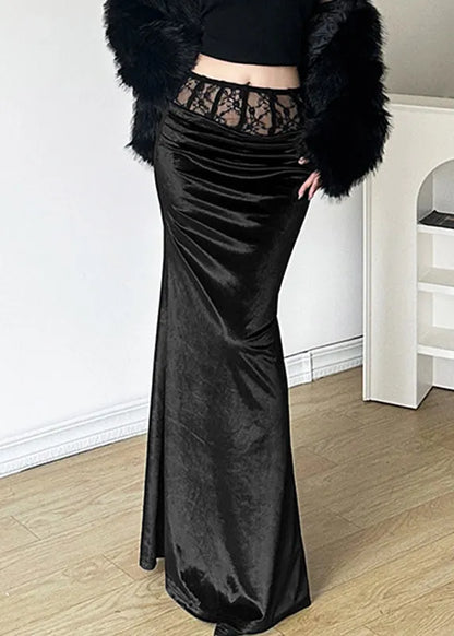 Black Silm Fit Silk Velvet Wraped Skirt Spring