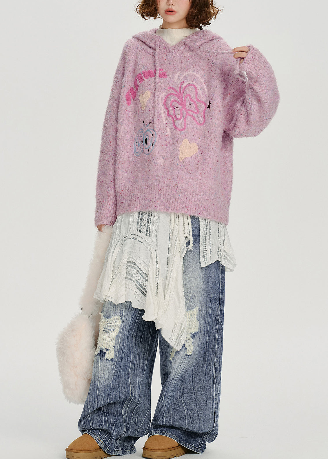 Light Purple Hooded Jacquard Knit Loose Sweatshirt Winter