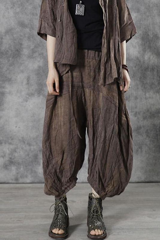 Linen Pleated Elastic Waist Pocket Lantern Pants