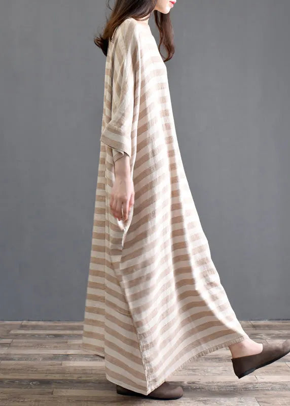 Khaki Striped Patchwork Oversized Cotton Long Dresses O-neck Half Sleeve