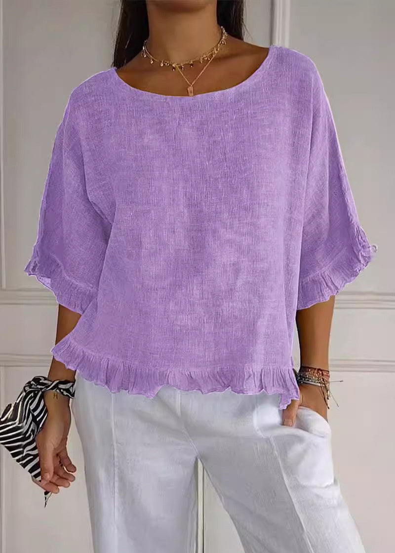 Apricot O-neck Ruffled Cotton Blouses Summer