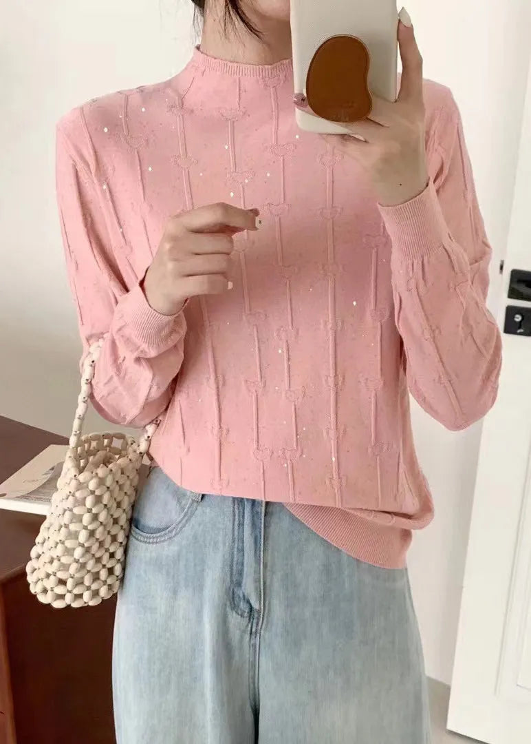 Pink Turtleneck Sequins Knit Sweaters Fall