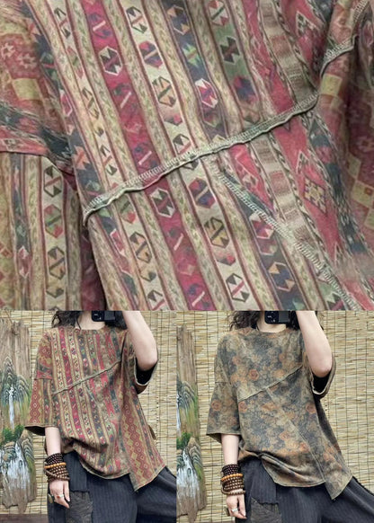 Green Print Patchwork Cotton T Shirt Top Asymmetrical Summer
