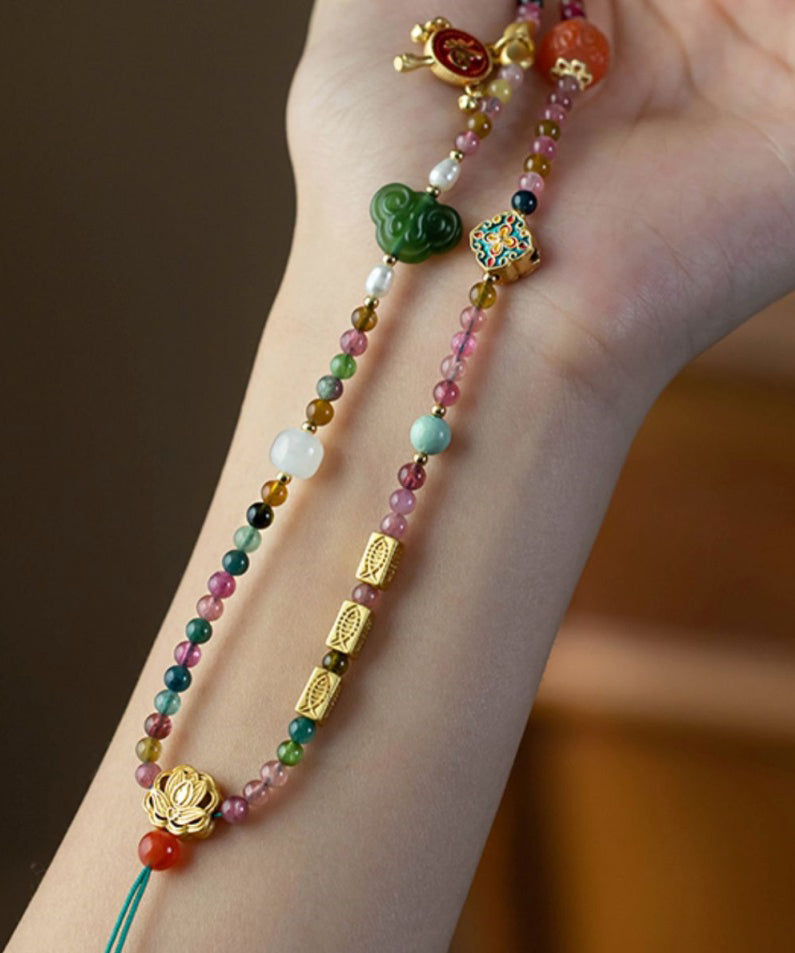 Multicolour Hand Woven Beading Jade Tassel Pendant Necklace