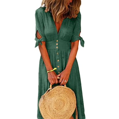 Color Deep V Neck Tied Half Sleeve Button Party Long Dress Summer Party Female Clothes Vestidos