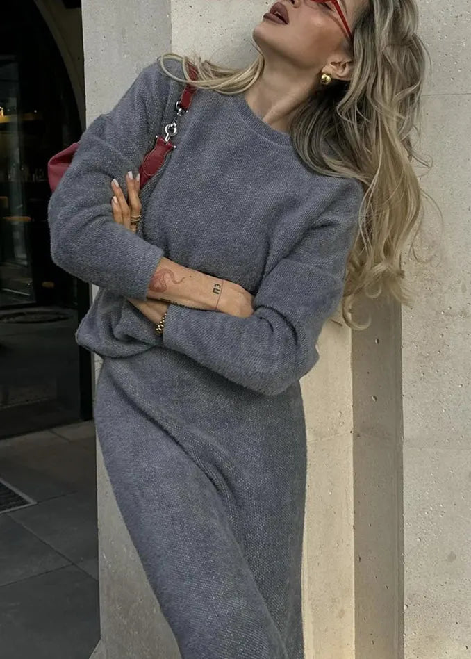 White O Neck Sweaters and Skirts Knit Two Pieces Set Fall