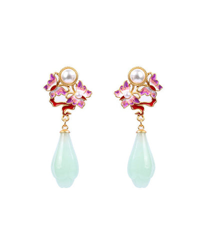 Fine Light Green Copper Overgild Pearl Jade Butterfly Drop Earrings