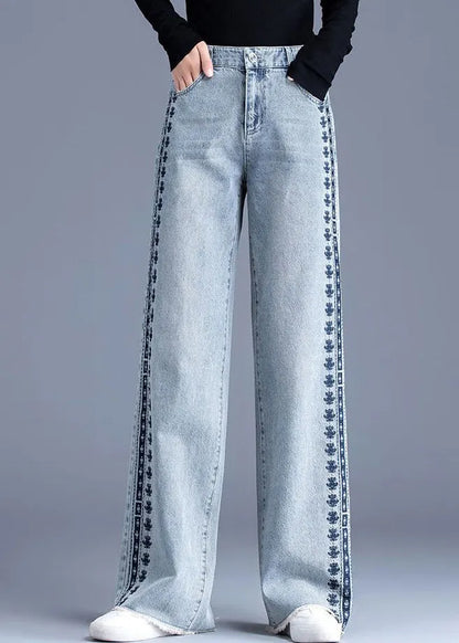 Blue Embroidered Pockets Patchwork Denim Pants Spring