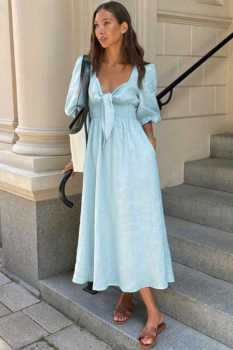 Tie Front Puff Sleeve Cotton Linen Beach Vacation Midi Dress - Sky Blue