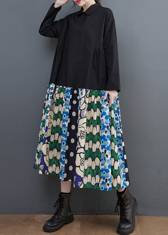 Black Patchwork Cotton a Line Dress Oversized Print Fall