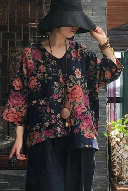 Limited Stock- Print V-neck Long Sleeve Cotton Blouse