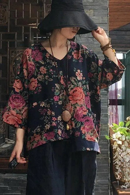 Limited Stock- Print V-neck Long Sleeve Cotton Blouse