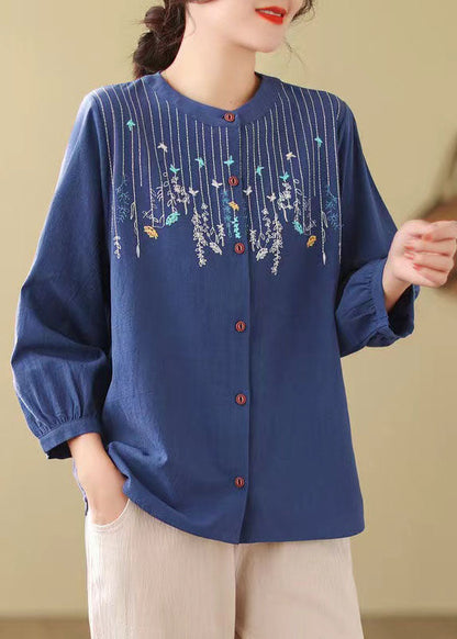 Loose Blue Embroidered Linen Blouses Long Sleeve