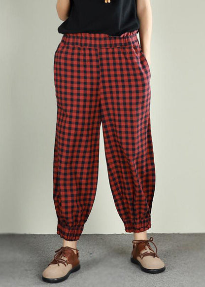 Plaid Linen Cotton Ankle Length Pants