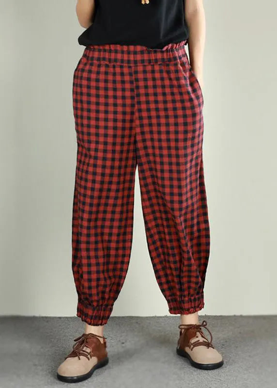 Plaid Linen Cotton Ankle Length Pants