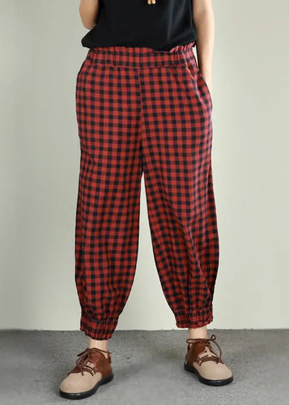 Plaid Linen Cotton Ankle Length Pants