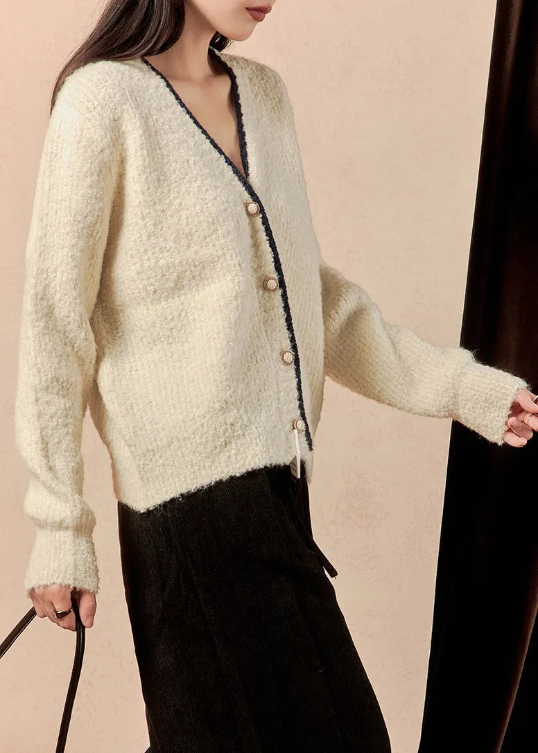 Simple Beige V Neck Button Knit Cardigan Winter