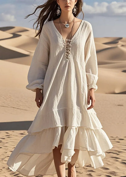 White Oversized Ruffles Cotton Long Dress Fall
