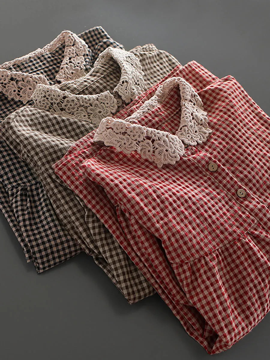 Loose Breasted Lace Plaid Tops