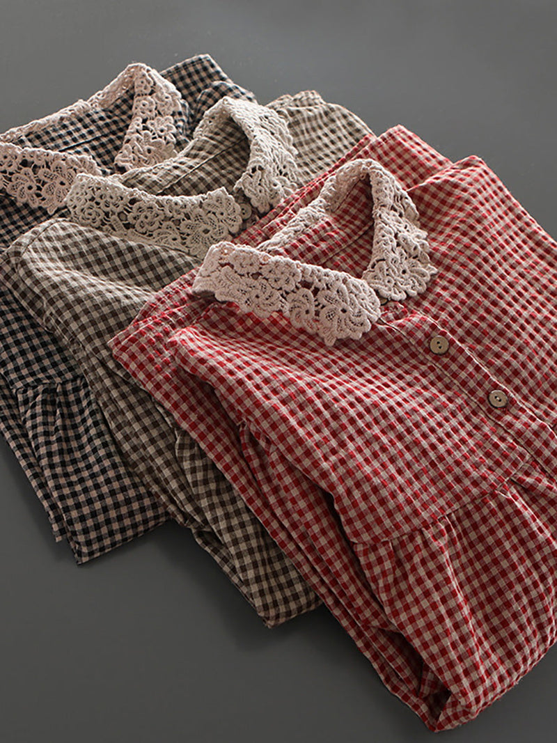 Loose Breasted Lace Plaid Tops