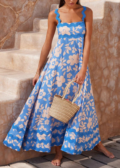 Blue Print Cotton Spaghetti Strap Dresses Summer