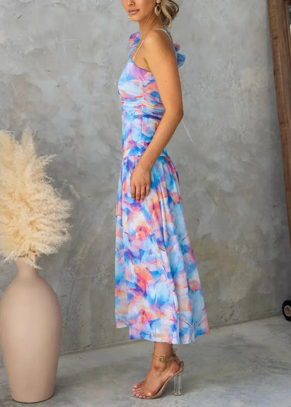 Purple Ruffled Print Tulle Spaghetti Strap Dresses Summer