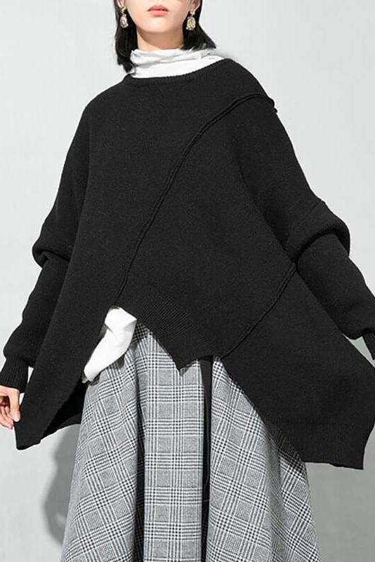O-neck Knitted Irregular Hem Pure Color Sweater