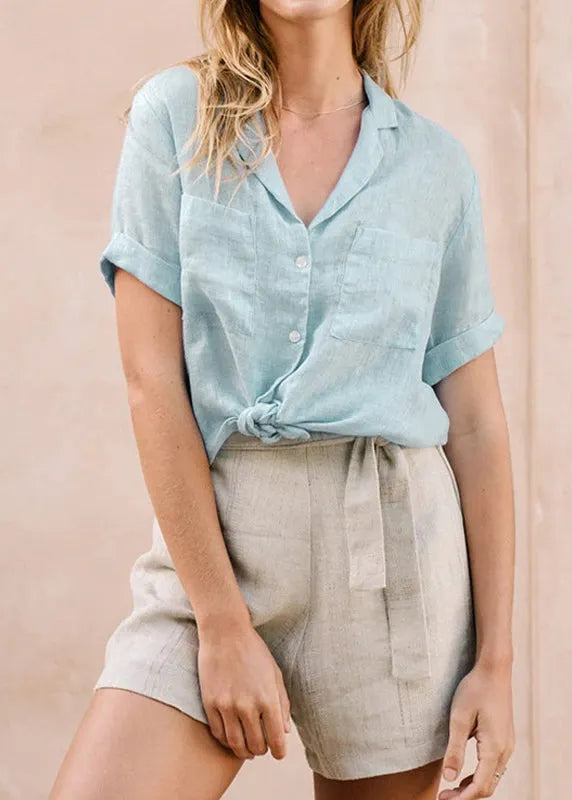 New White Peter Pan Collar Linen Shirt Summer