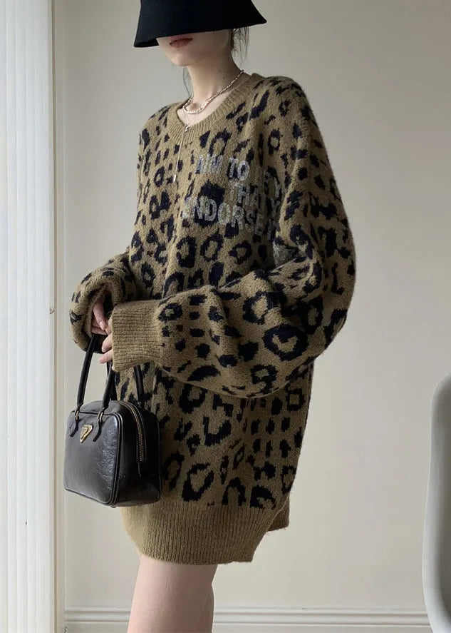 Khaki Leopard O Neck Cozy Knit Sweater Winter