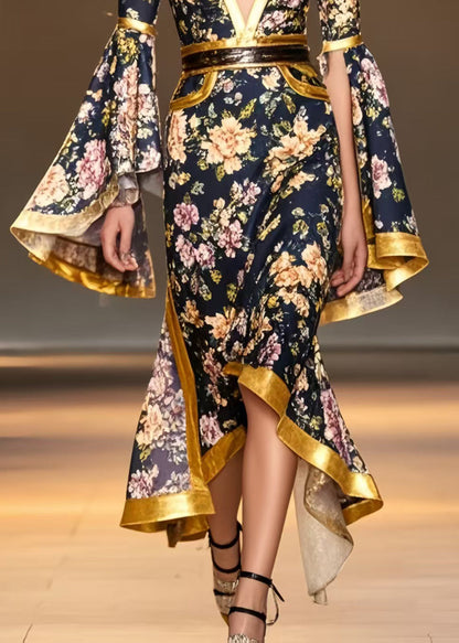 French Black Asymmetrical Print Wraped Vestidos Dresses Flare Sleeve