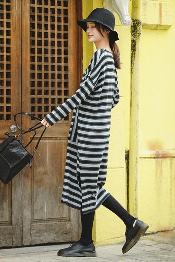Gray Striped Loose Sweater Dresses for Winter