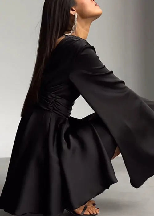 Brown V Neck High Waist Silk Mini Dresses Flare Sleeve