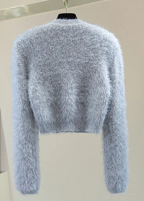 Classy Grey V Neck Bow Ma Hai Mao Cotton Knit Sweaters Winter