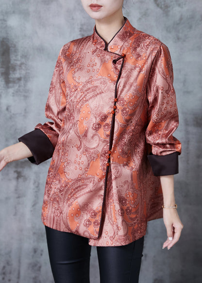 Brick Red Mandarin Collar Print Silk Shirt Spring