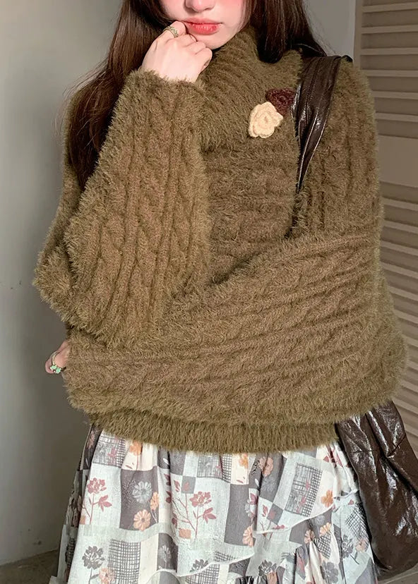 Loose Green Turtleneck Cozy Cotton Knit Sweaters Fall